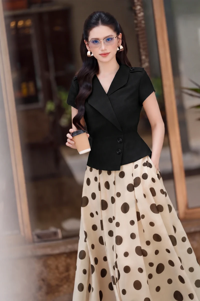 Áo ký giả cổ vest chiết eo