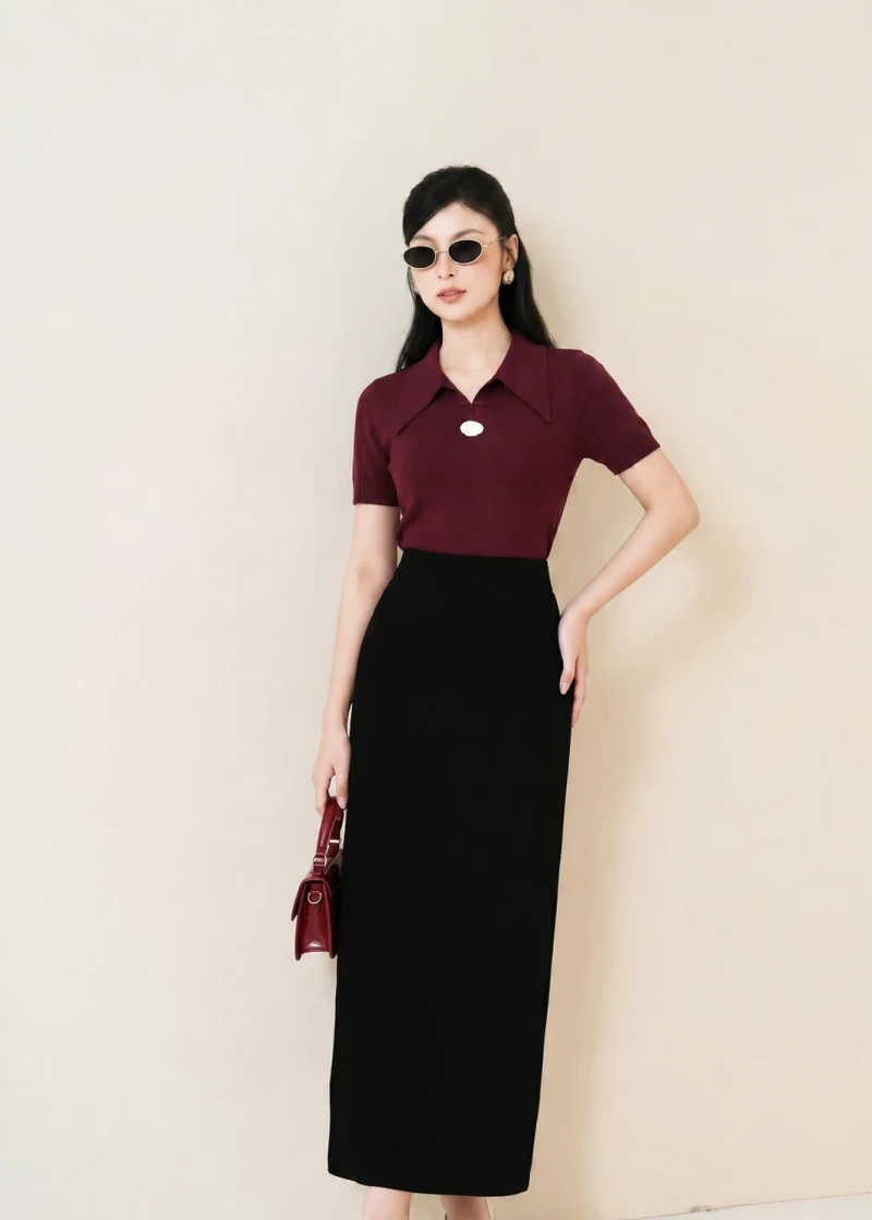 Áo Polo Nữ Phối Khóa Kim Loại Thanh Lịch, Áo Thun Cổ Bẻ Form Ôm Sang Trọng