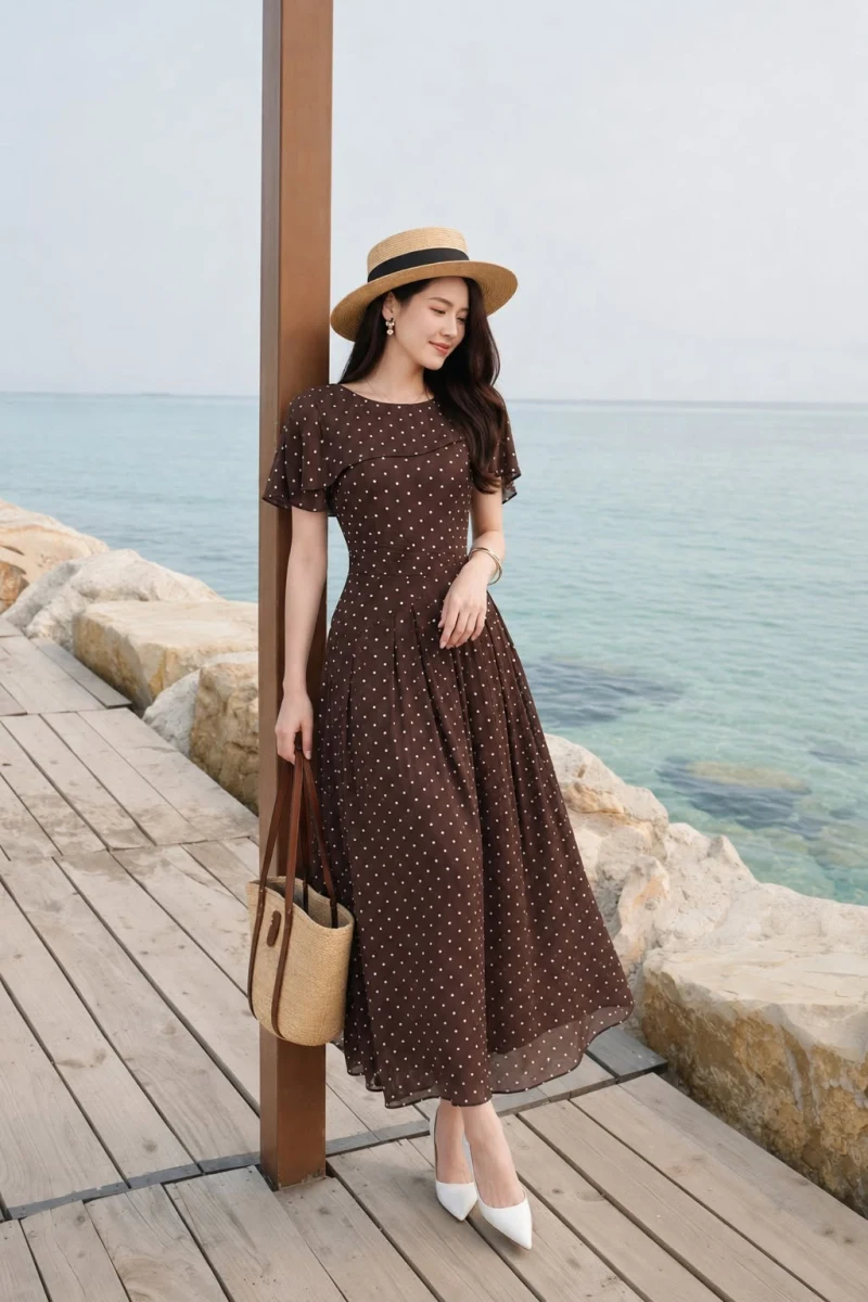 Váy dài chấm bi tay ngắn