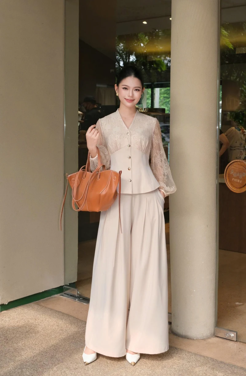 Áo ký giả phối ren tay và ngực - KEM - XL