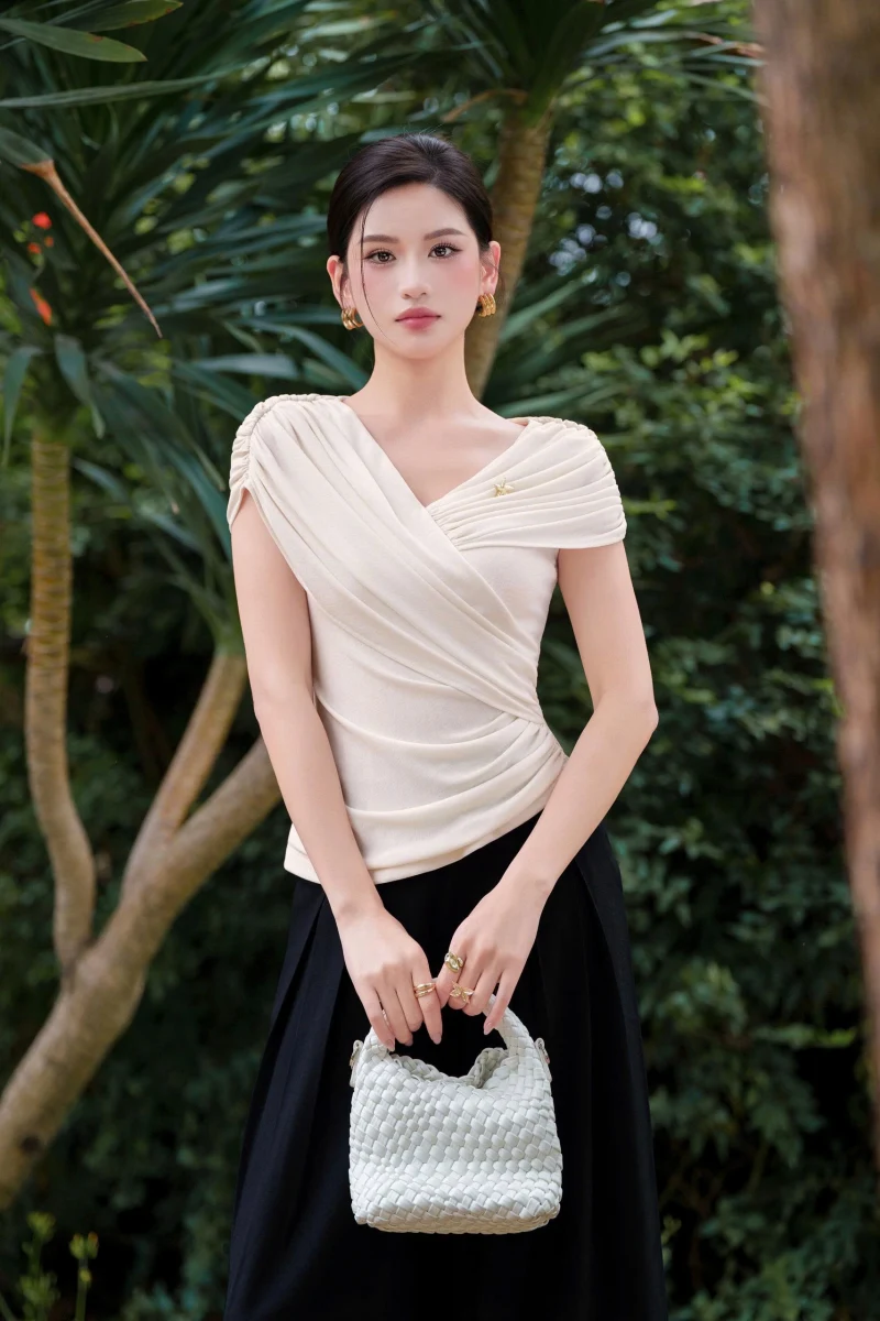 Áo thun vạt lệch nhún eo