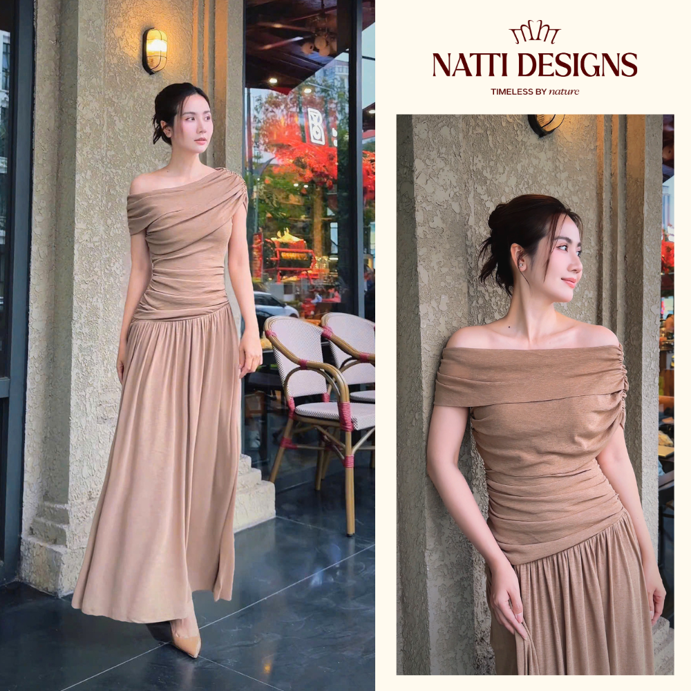 Váy thun nhún lệch vai