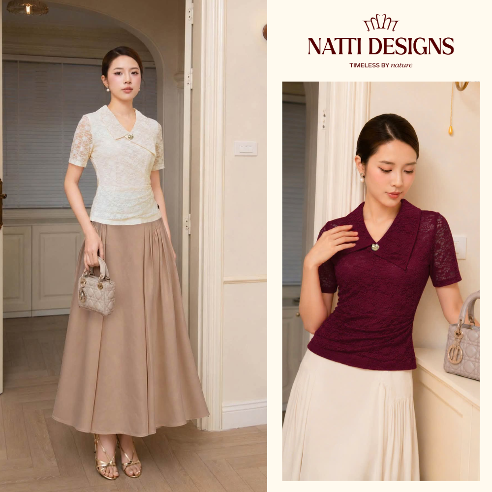 Áo Ren Cổ Bẻ Phối Chân Váy Xòe Dài – Set Đồ Thanh Lịch Cho Nàng Công Sở Hiện Đại