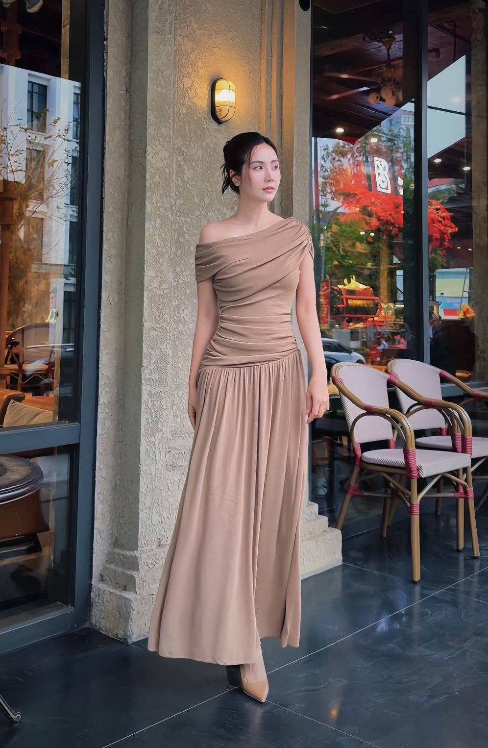 Váy thun nhún lệch vai