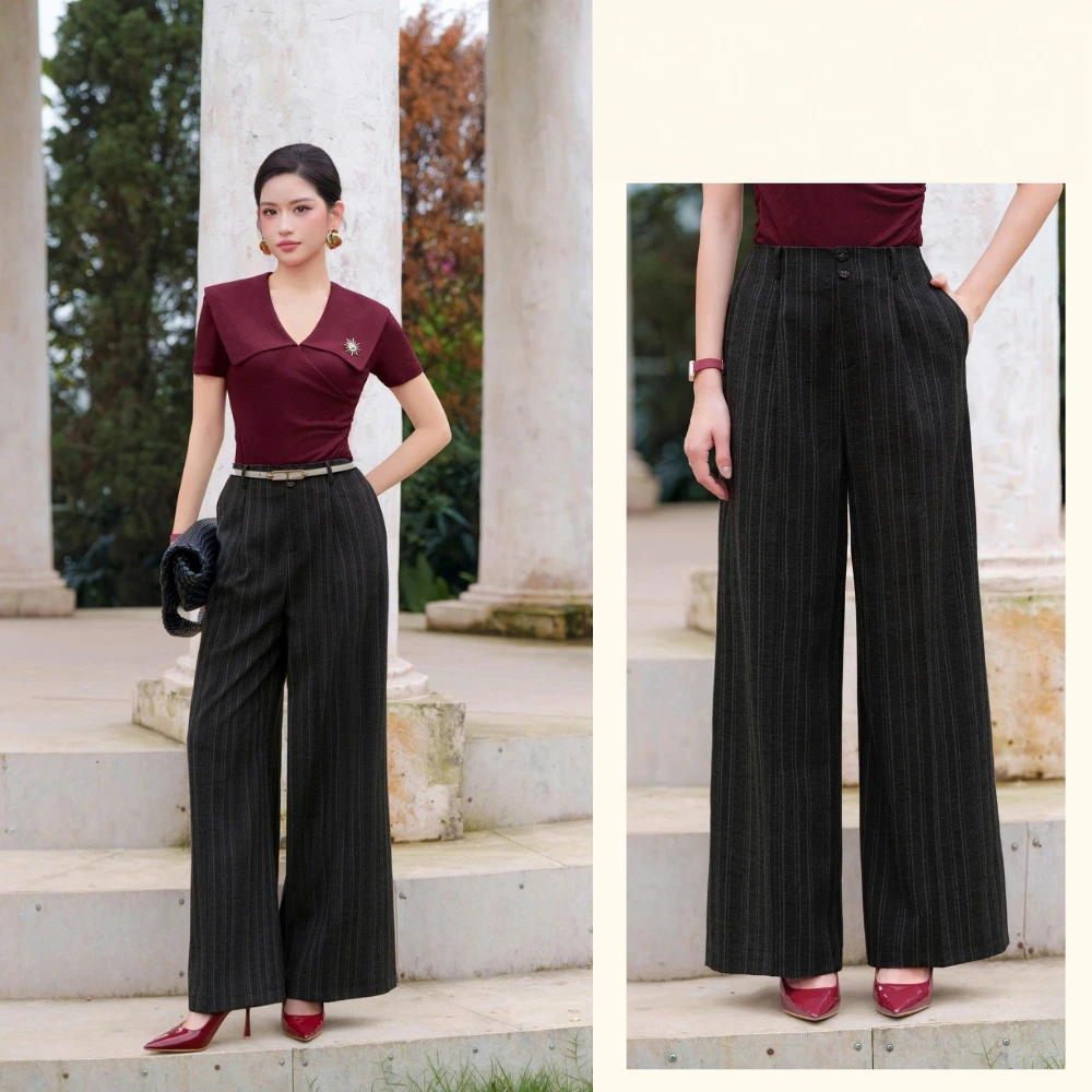 Quần suông kẻ cạp liền