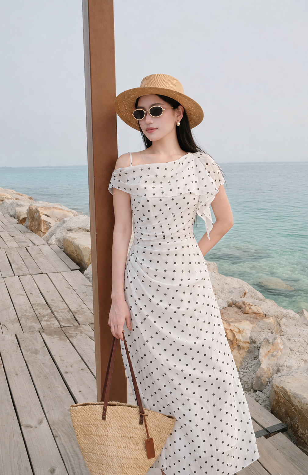 Váy chấm bi lệch vai